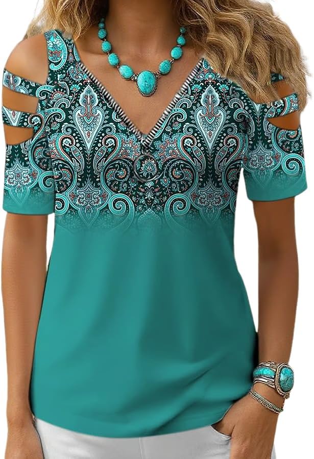 Women's Retro Western Graphic Print Comfort Short Sleeve T-Shirt Cowgirl Tshirt - Lake