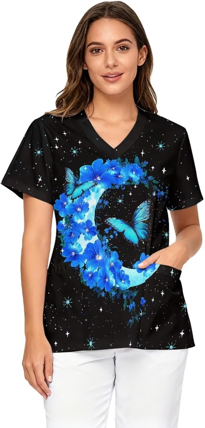 Scrub Tops Women Short Sleeve V-Neck Holiday Printed Medical Nurse Uniforms Scrub Tops Shirt with Pockets - Carnival Theme