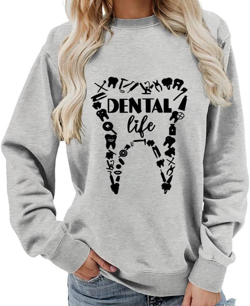 Dental Life Teeth Graphic Sweatshirt, Dental Hygienist Assistant Shirts Women Dentist Long Sleeve Pullover Top - Grey