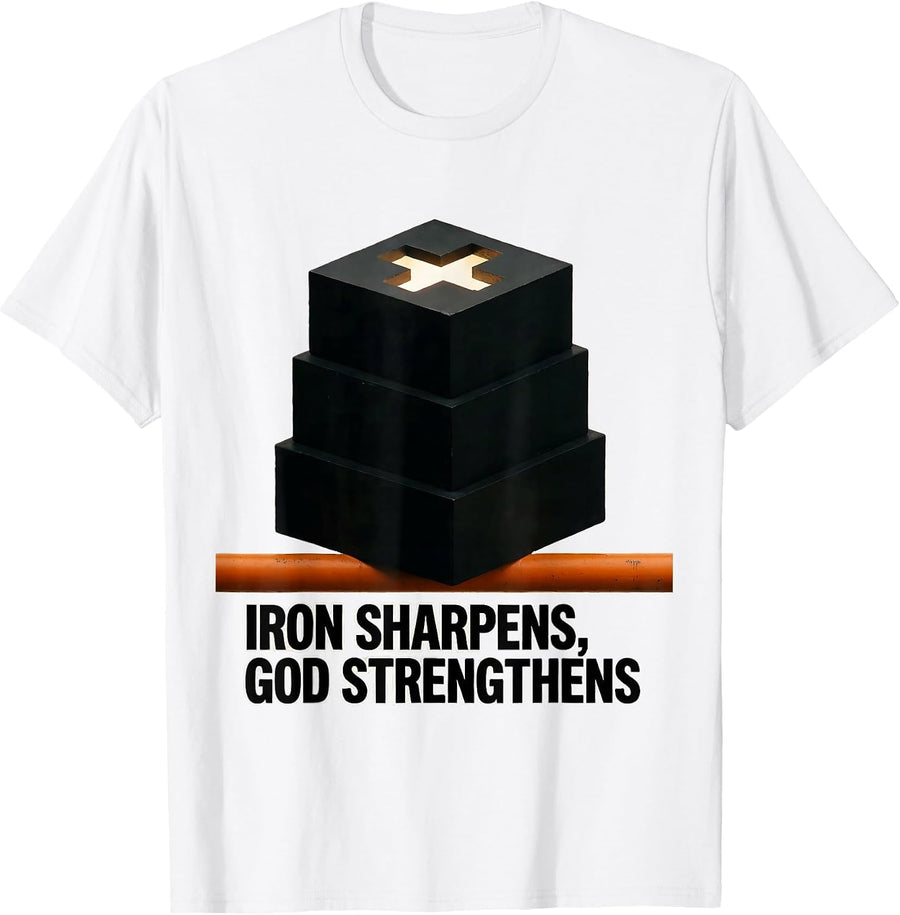 Men's Iron Sharpens God Strengthens Brutalist Christian Gym T-Shirt - White