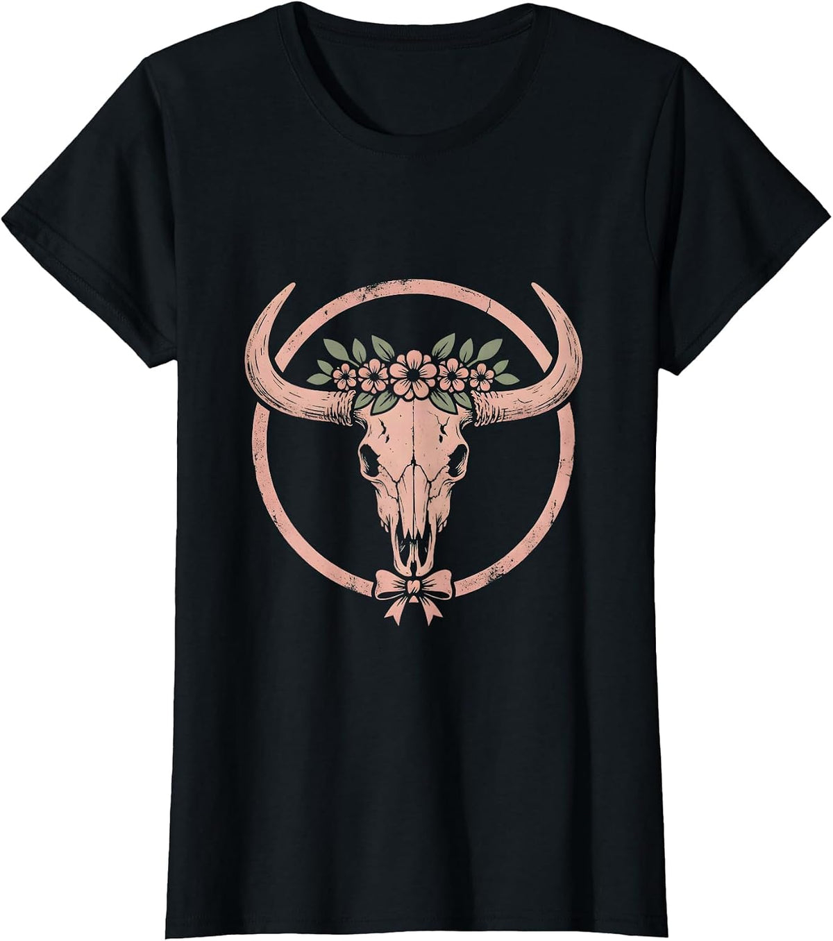 Floral Longhorn Skull Western Boho Design T-Shirt - Black