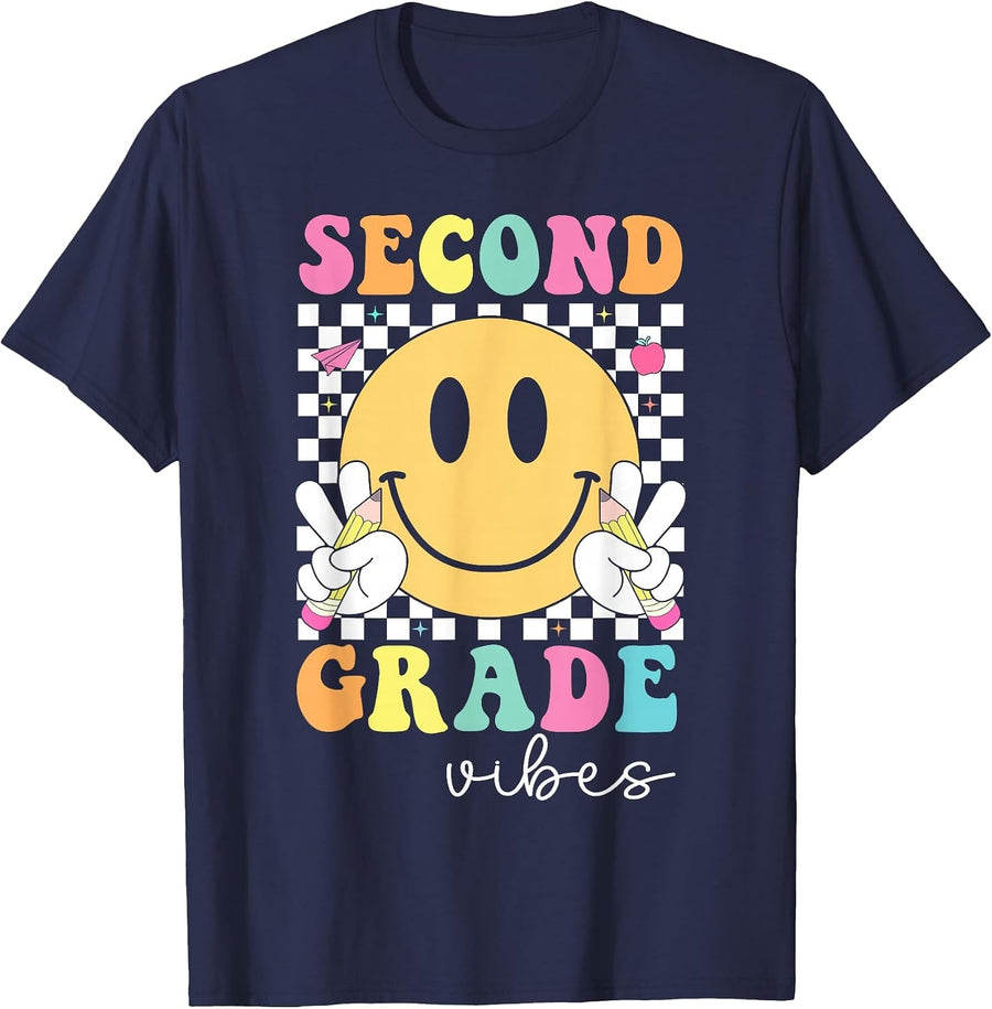 Second Grade Vibes 2nd Grade Team Retro 1st Day of School T-Shirt - Navy Blue