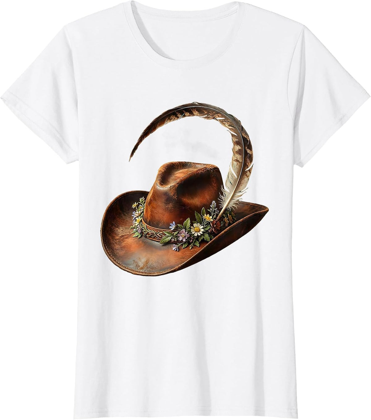 Cowgirl Hat Floral Feather Rodeo Illustration T-Shirt - White