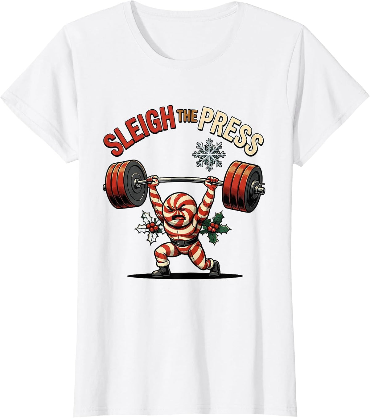 Women's Sleigh The Press Funny Christmas Gym Workout Weightlifting T-Shirt - White