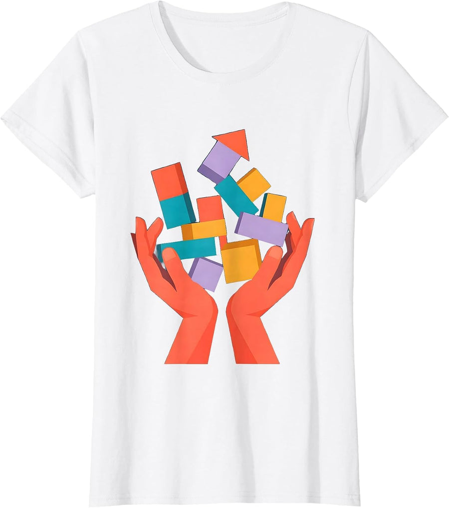 Women's Colorful Building Blocks Autism Awareness Design T-Shirt - White