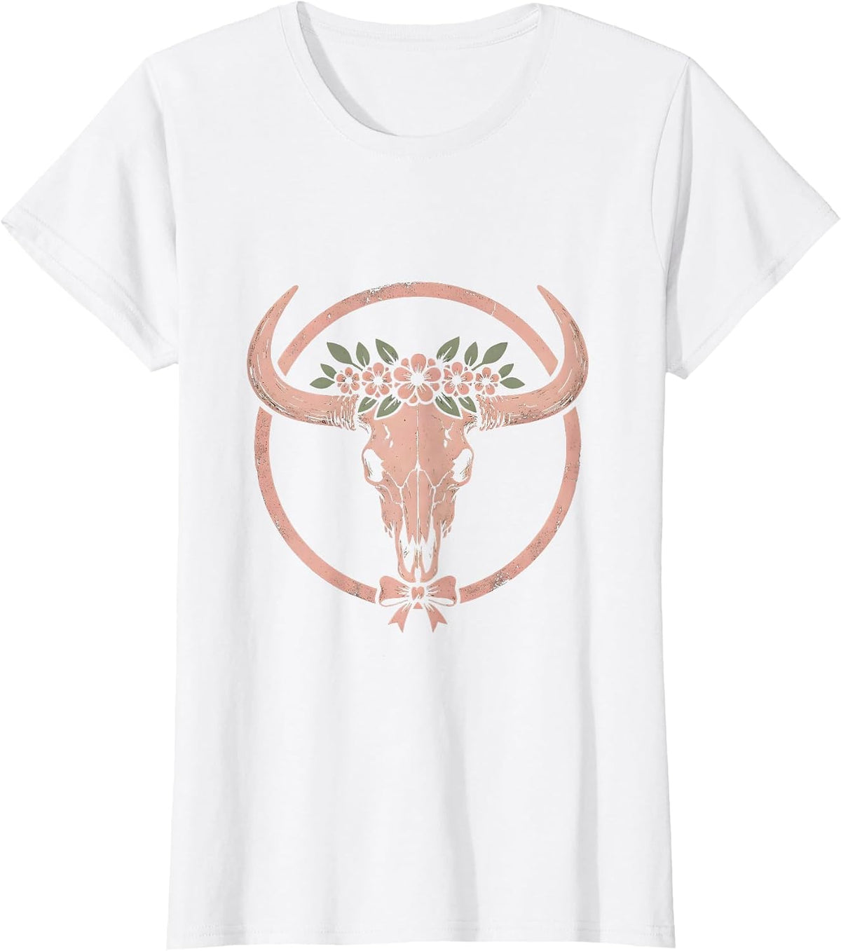 Floral Longhorn Skull Western Boho Design T-Shirt - White