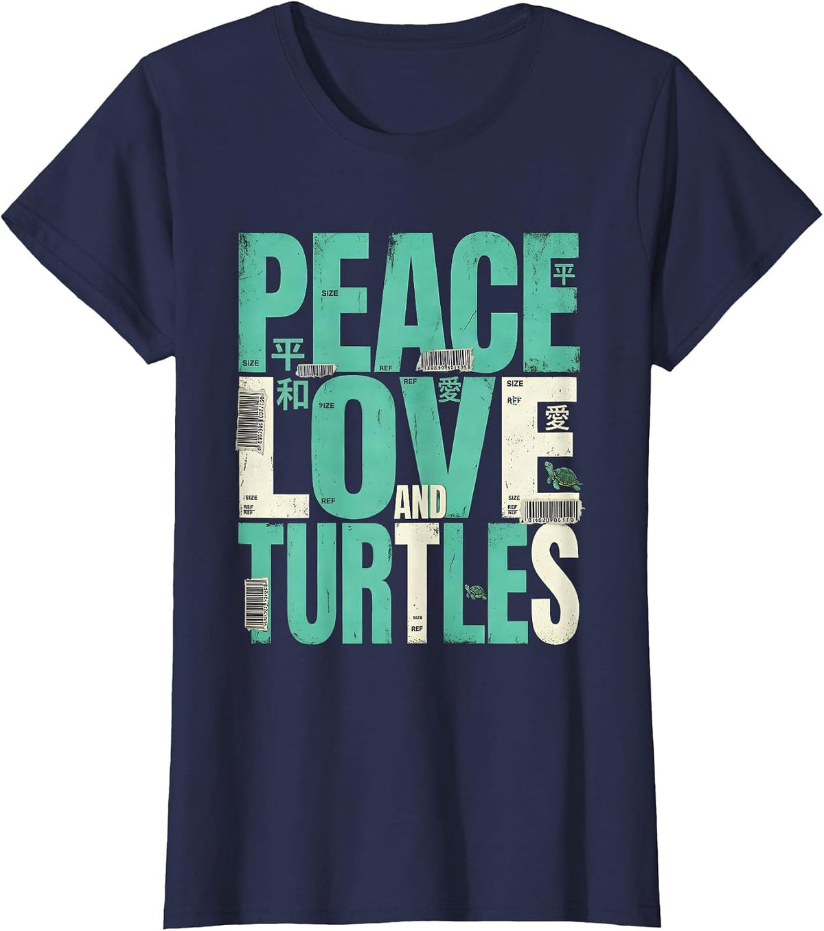 Women's Peace Love and Turtles Nature Lover Design T-Shirt - Navy Blue