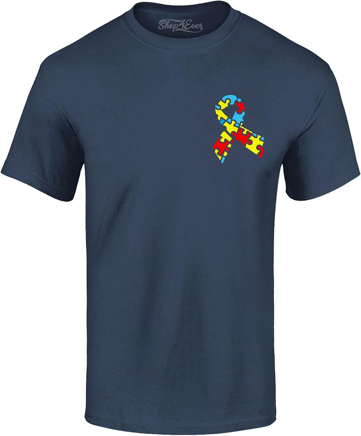 shop4ever Autism Awareness Pocket T-Shirt – Puzzle Ribbon Graphic Tee for Men & Women, Neurodiversity Acceptance Tee - Navy