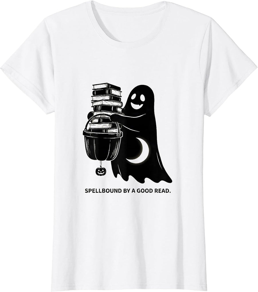 Women's Spellbound By A Good Read Cozy Whimsical Halloween Bookworm T-Shirt - White