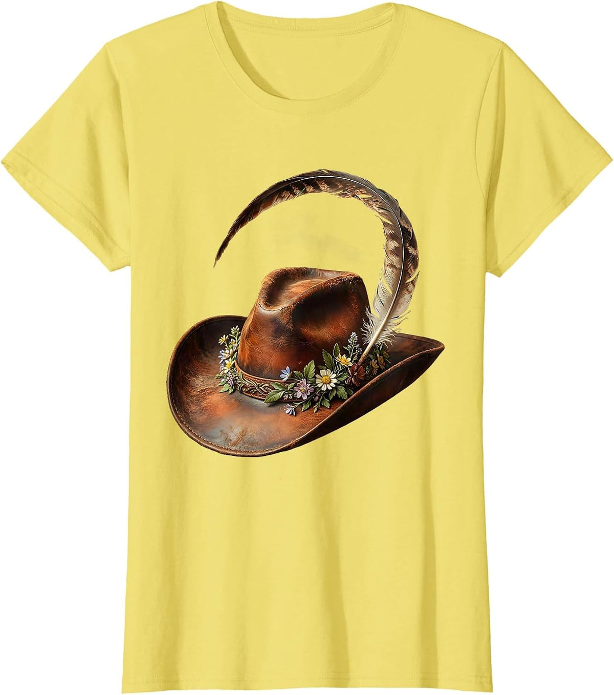 Cowgirl Hat Floral Feather Rodeo Illustration T-Shirt - Lemon Yellow