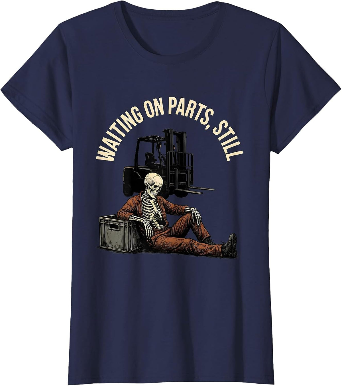 Women's Waiting On Parts Still Funny Mechanic Skeleton Auto Repair T-Shirt - Navy Blue