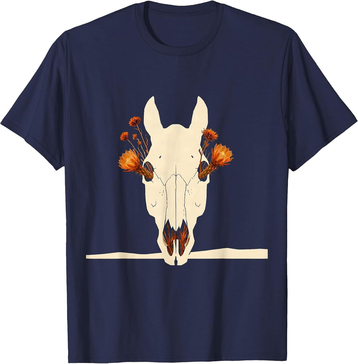 Horse Skull Desert Flowers Boho Western Graphic T-Shirt - Navy Blue