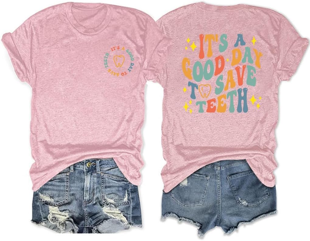 Dental Assistant Tshirt, Dental Hygienist Shirt, Dentist Gift, Womens Vintage Letter Print Graphic Tee Funny Tops - Pink