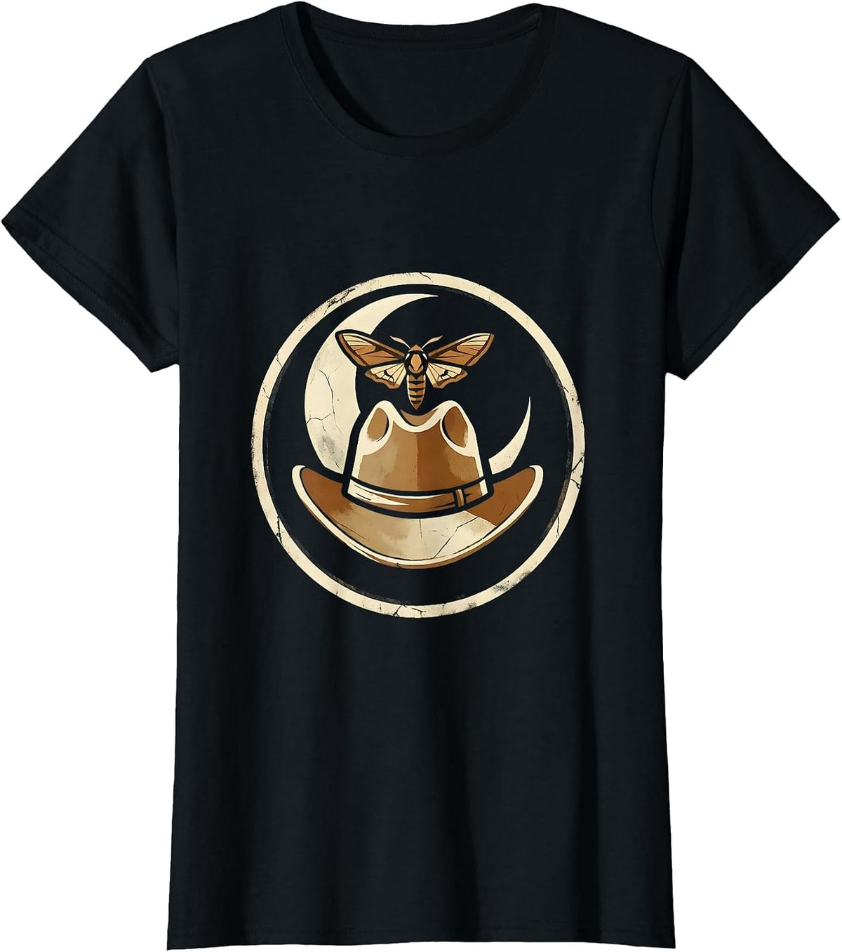 Cowgirl Hat Moth and Moon Western Graphic T-Shirt - Black