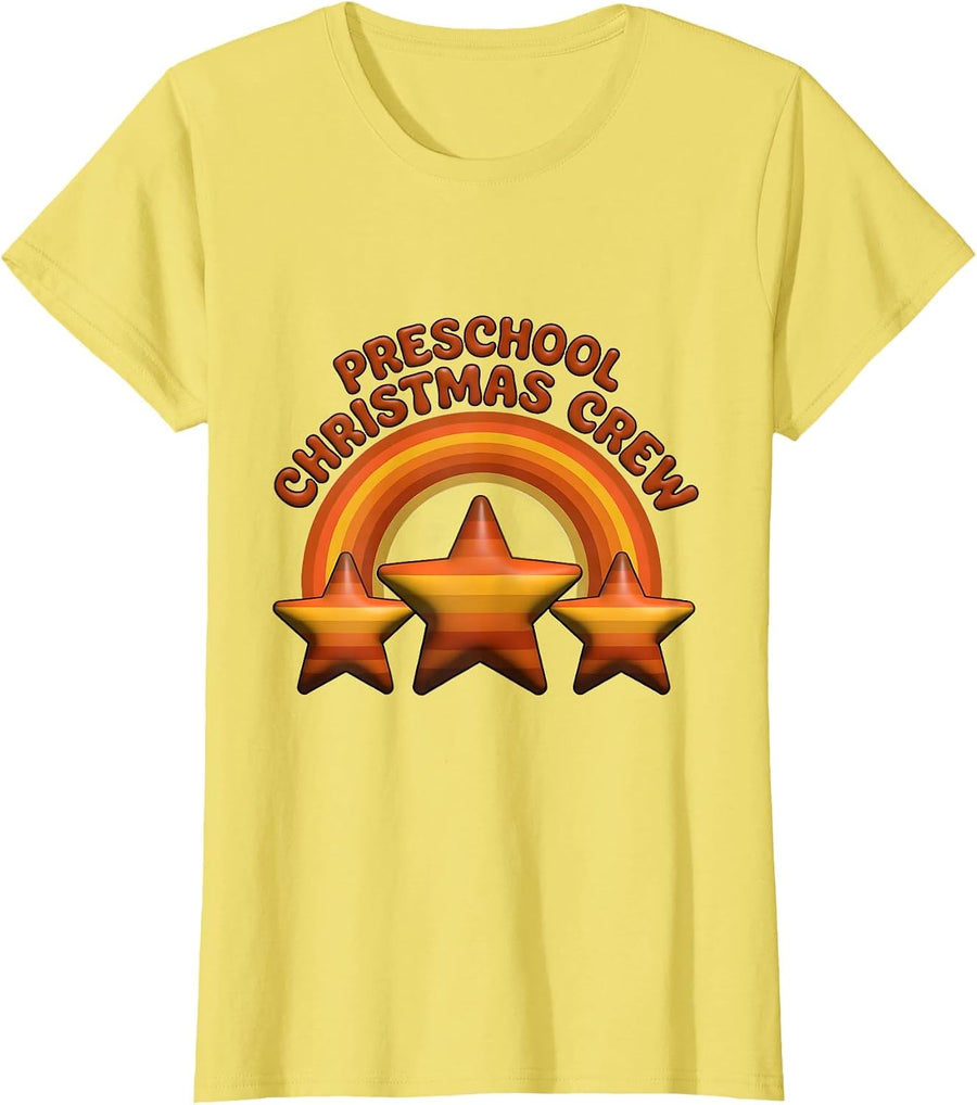 Women's Preschool Christmas Crew Retro Teacher Humor School Holiday T-Shirt - Lemon Yellow