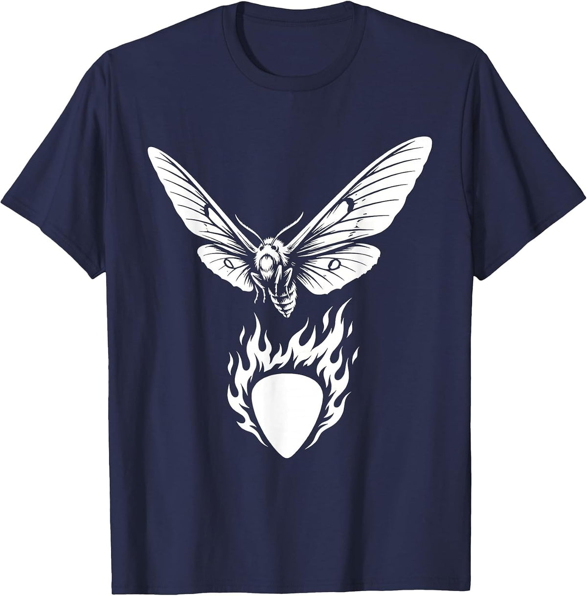 Moth and Burning Guitar Pick Punk Rock Art T-Shirt - Navy Blue