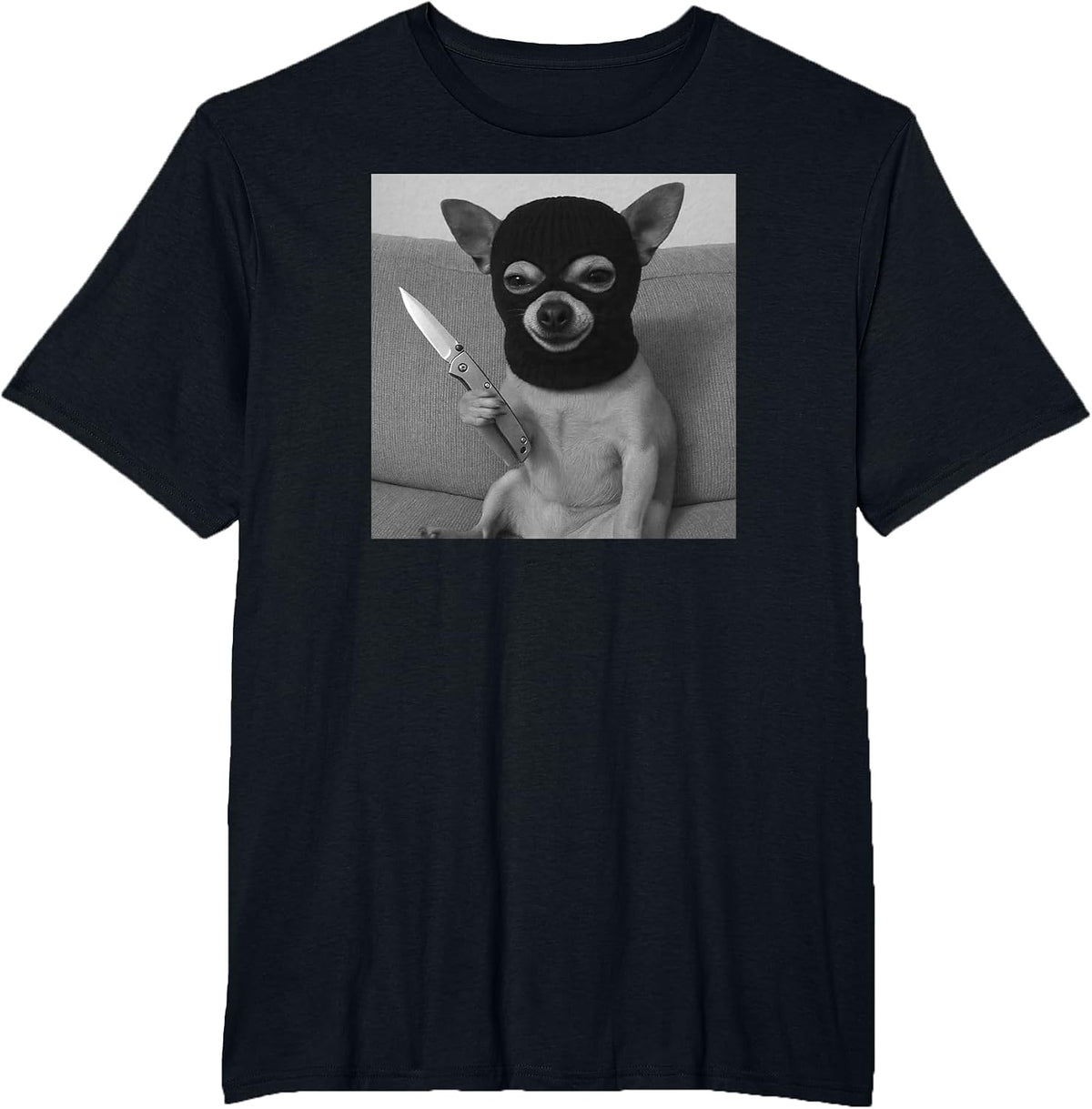 Funny Chihuahua Dog mem Wearing a ski mask Balaclava T-Shirt - Black