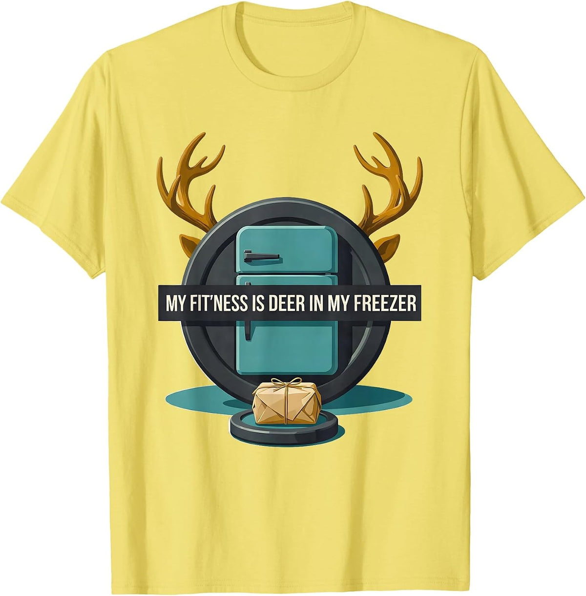 Men's My Fit'ness Is Deer In My Freezer Funny Hunting Dad Joke T-Shirt - Lemon Yellow