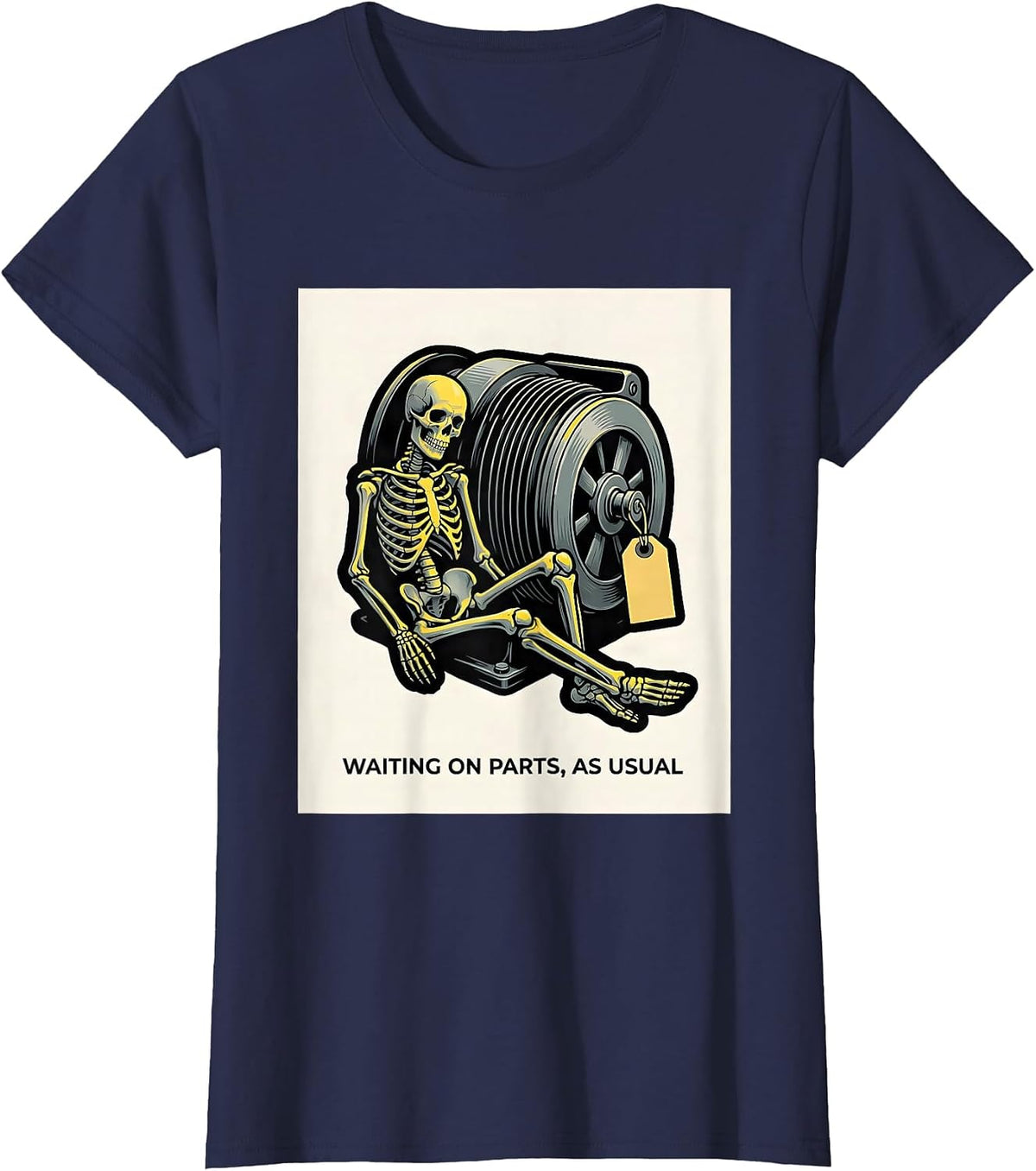 Women's Waiting On Parts, As Usual Funny Mechanic Skeleton Auto T-Shirt - Navy Blue