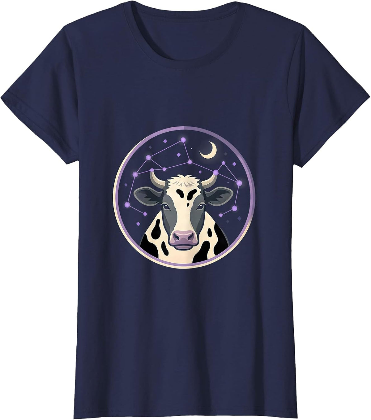 Women's Cow Print Constellation Night Sky Graphic T-Shirt - Navy Blue