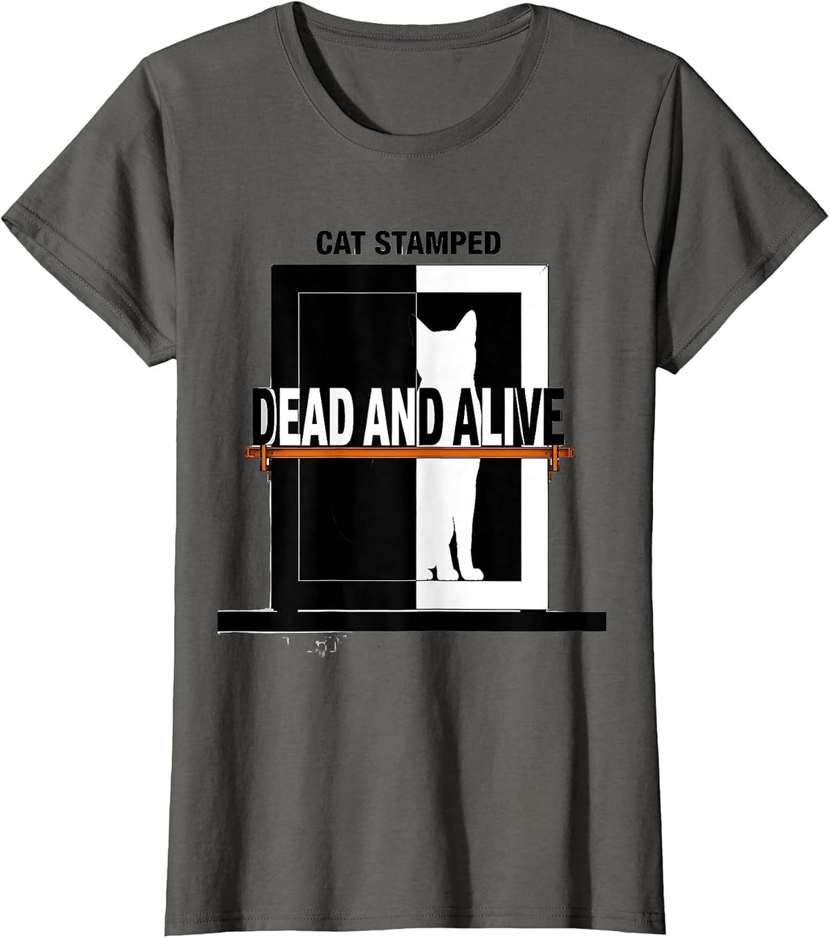 Women's Cat Stamped Dead And Alive Brutalist Graphic Quantum Physics T-Shirt - Asphalt Grey