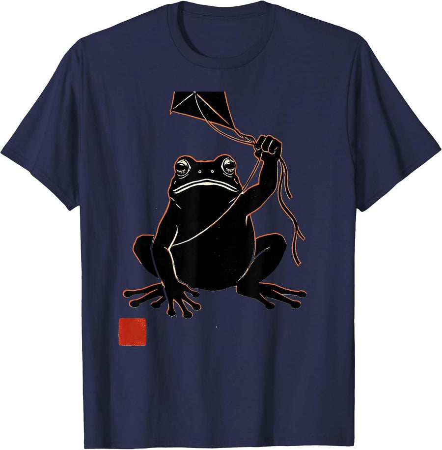 Grumpy Frog Japanese Ink Art Hobbyist Graphic T-Shirt - Navy Blue