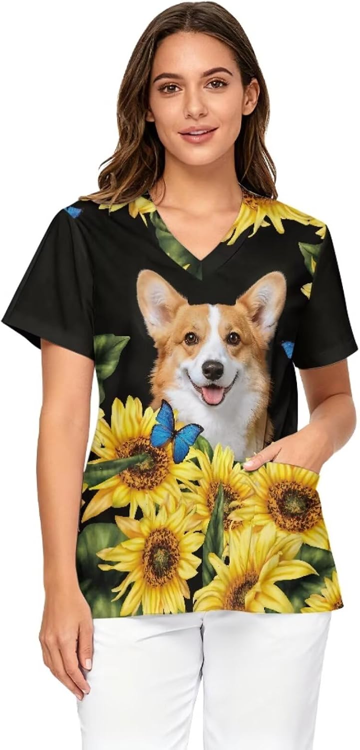 Scrubs for Women V Neck Cozy Scrub Tops Stretchy Short Sleeve Medical Nursing Uniforms Casual Nurse Shirt - Corgi Sunflower