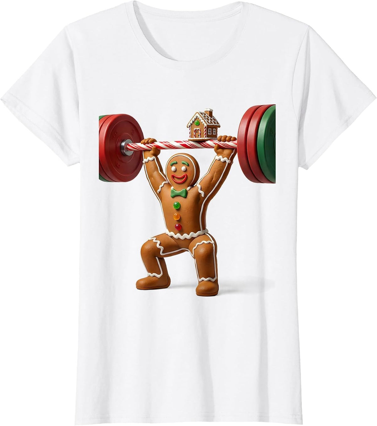 Women's Gingerbread Lifter Cartoon Funny Christmas Gym Weightlifting T-Shirt - White
