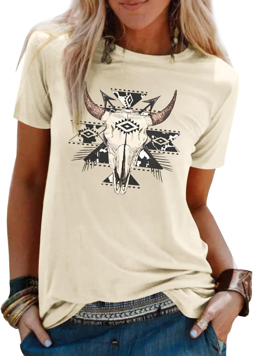 Boho Cow Skull Shirt Women Cowgirl Tshirt Vintage Western Rodeo Graphic Cuntry Concert Tee Bull Skull Casual Tops - Apricot