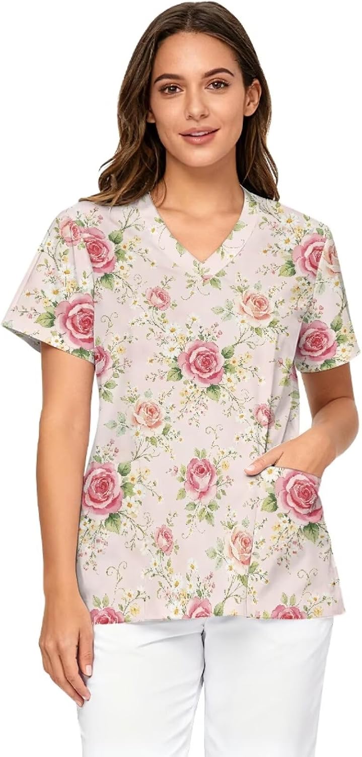 Scrubs for Women V Neck Cozy Scrub Tops Stretchy Short Sleeve Medical Nursing Uniforms Casual Nurse Shirt - Artistic Flowers