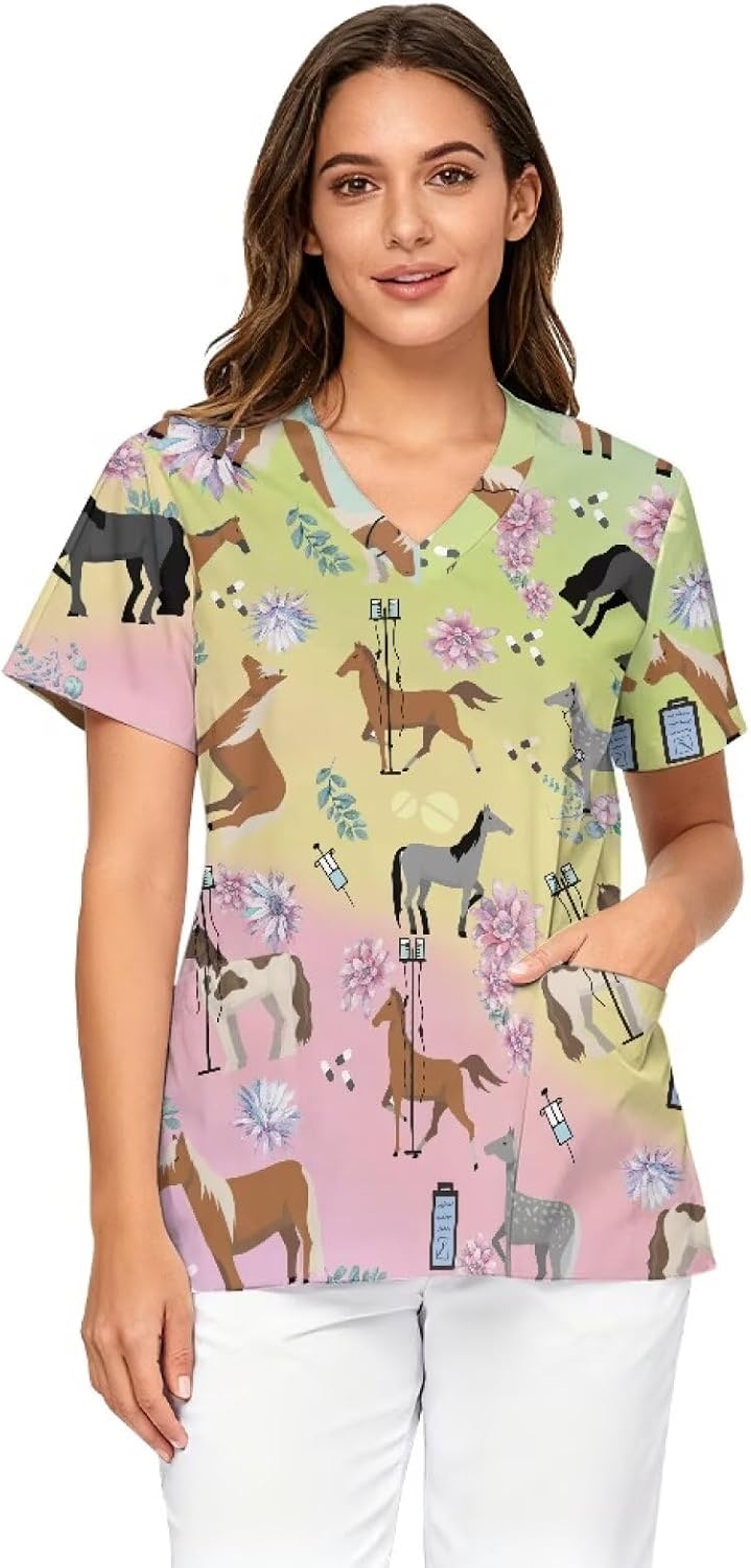 Scrub Tops Women Short Sleeve V-Neck Holiday Printed Medical Nurse Uniforms Scrub Tops Shirt with Pockets - Tooth Print
