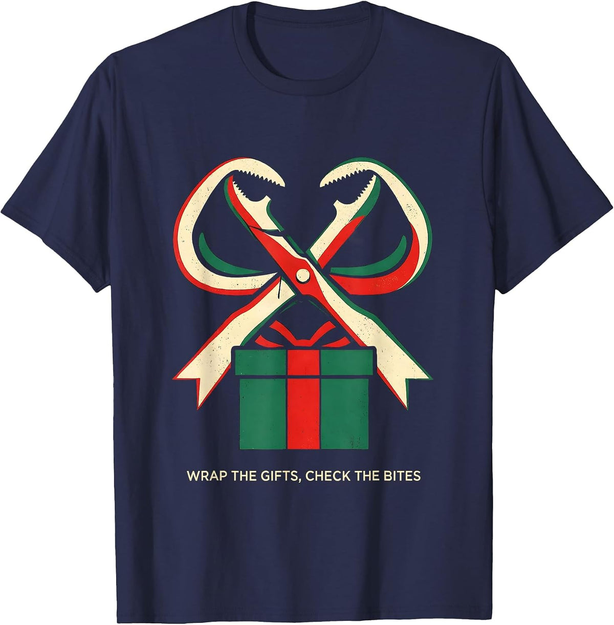 Wrap The Gifts Check The Bites Funny Dentist Christmas T-Shirt - Navy Blue