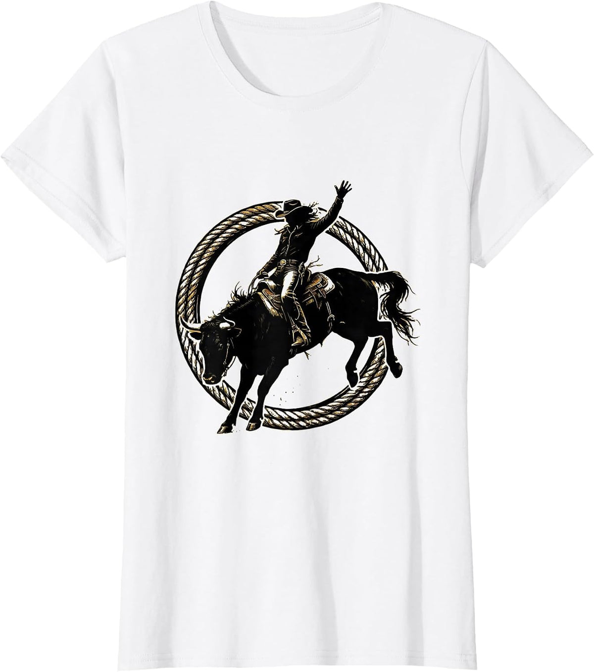 Women's Cowgirl Bucking Bronco Rodeo Graphic Tee T-Shirt - White