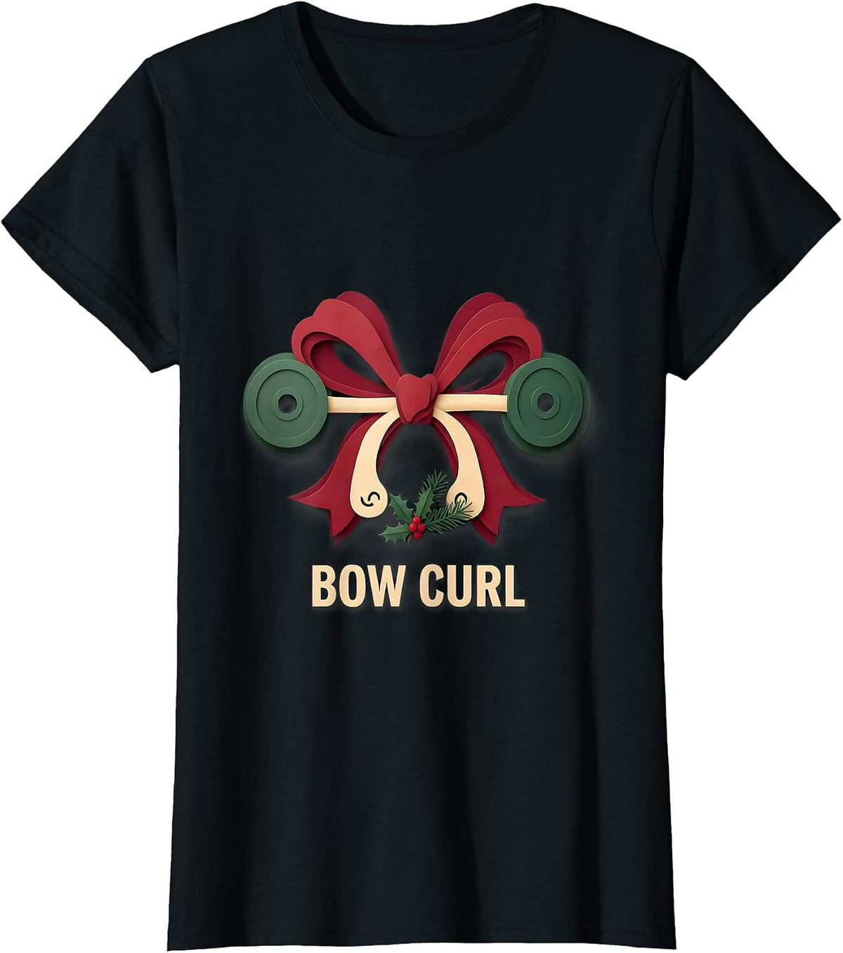 Women's Bow Curl Funny Christmas Gym Workout Fitness Gift T-Shirt - Black