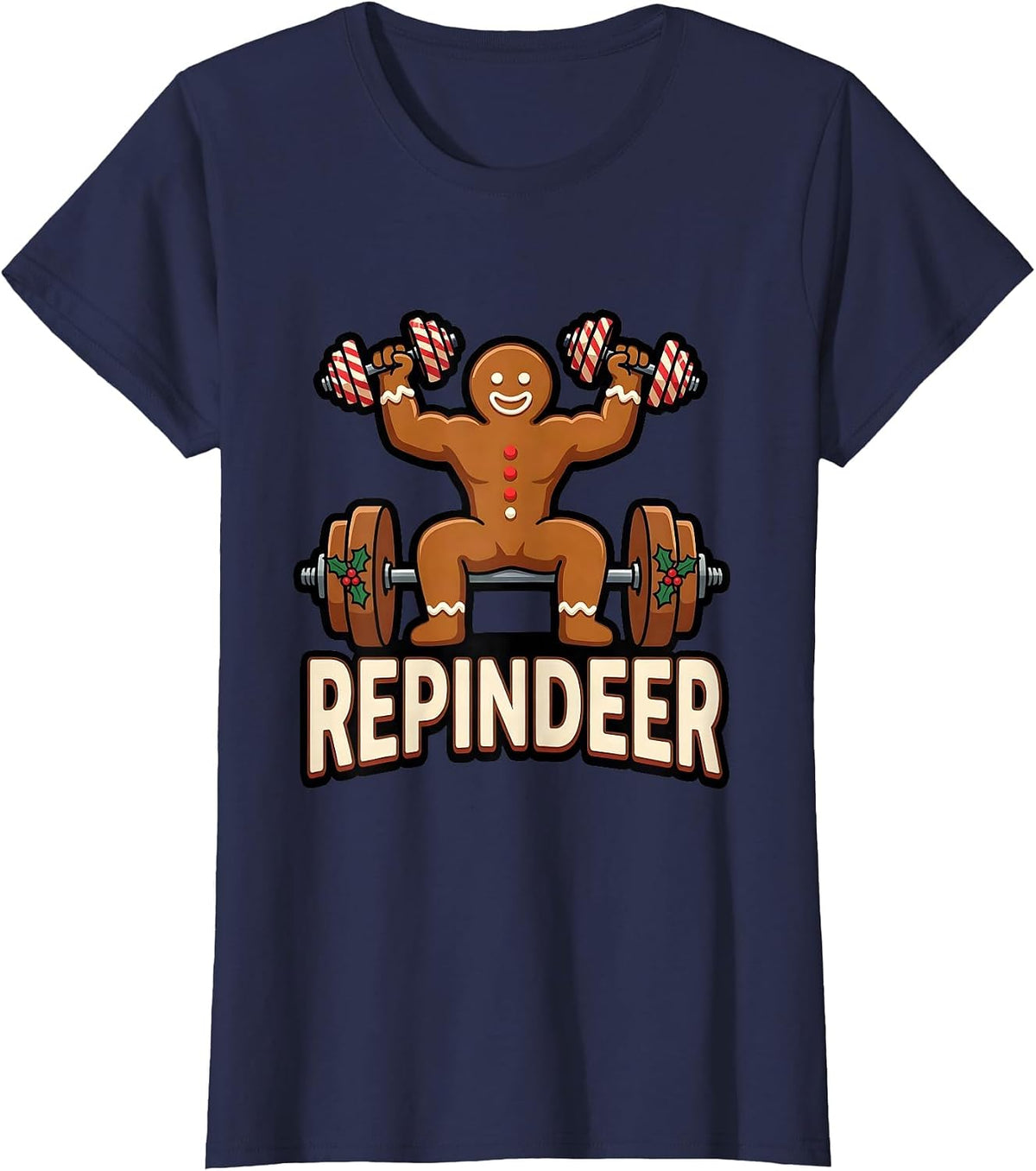 Women's Repindeer Funny Gingerbread Gym Weightlifting Christmas T-Shirt - Navy Blue