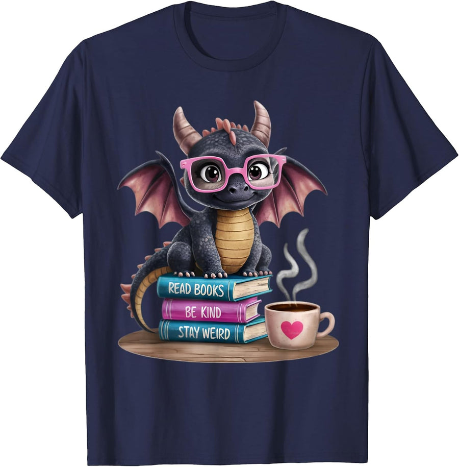 Read Books be Kind Stay Weird Dragon T-Shirt - Navy Blue
