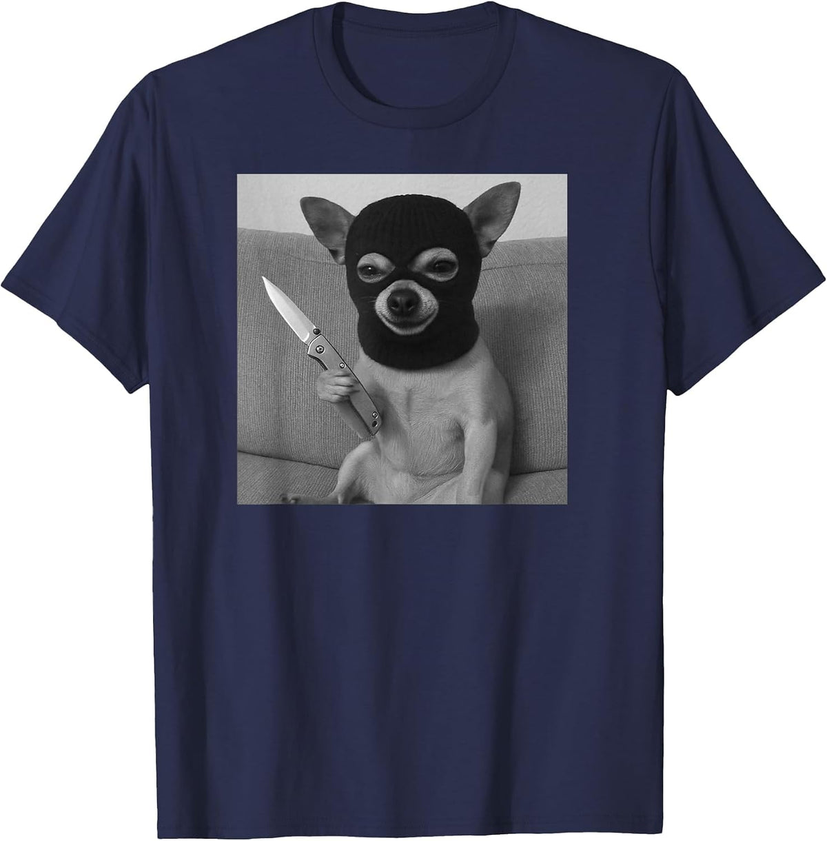 Funny Chihuahua Dog mem Wearing a ski mask Balaclava T-Shirt - Navy Blue