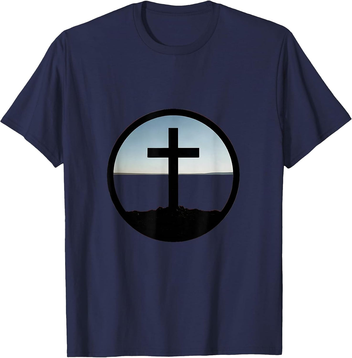 Cross Silhouette Blood Red Sky Christian Design T-Shirt - Navy Blue