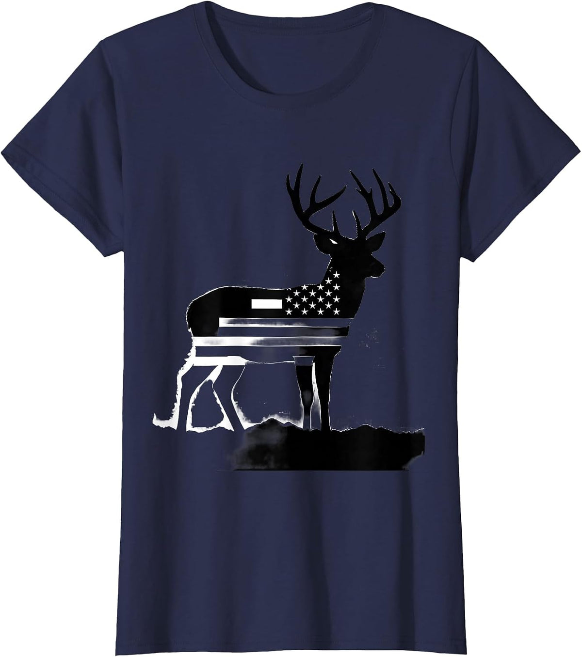 Women's Standing Whitetail Buck Silhouette Deer Hunting Dad T-Shirt - Navy Blue