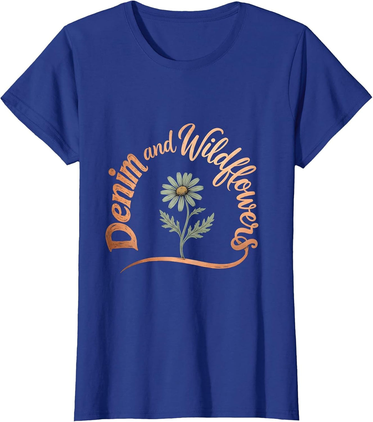 Women's Denim and Wildflowers Boho Typography Denim and Flower T-Shirt - Royal Blue