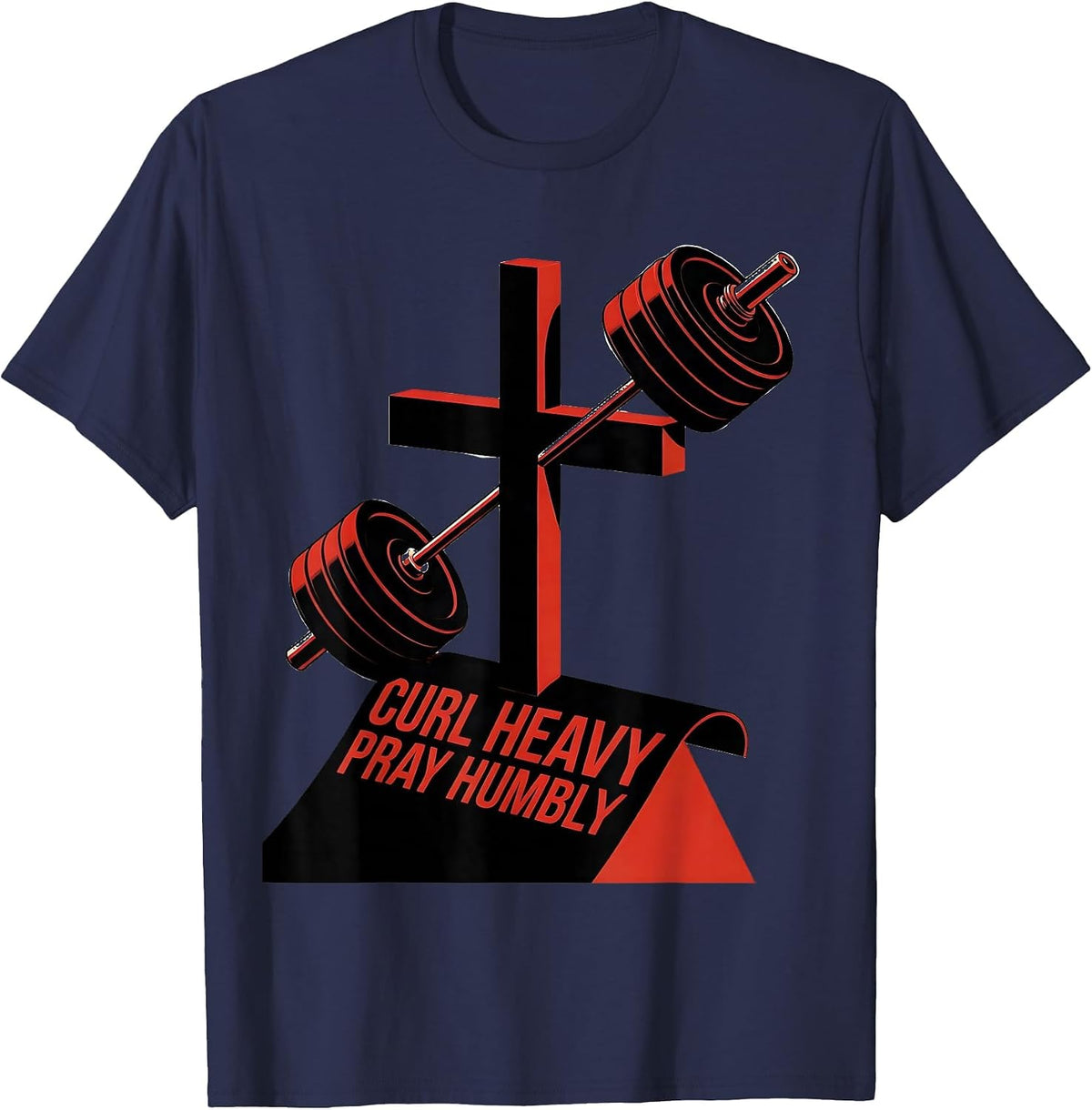 Men's Curl Heavy Pray Humbly Faith Motivation Christian Gym T-Shirt - Navy Blue