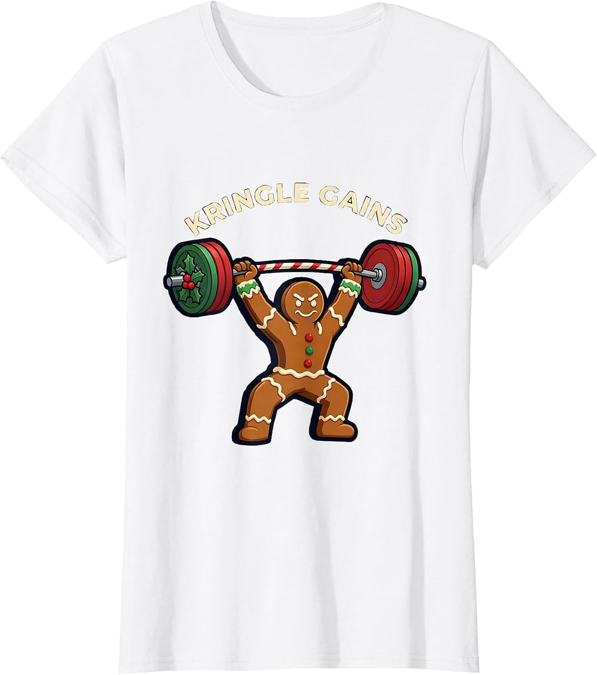 Kringle Gains Funny Gingerbread Man Gym Weightlifting T-Shirt - White