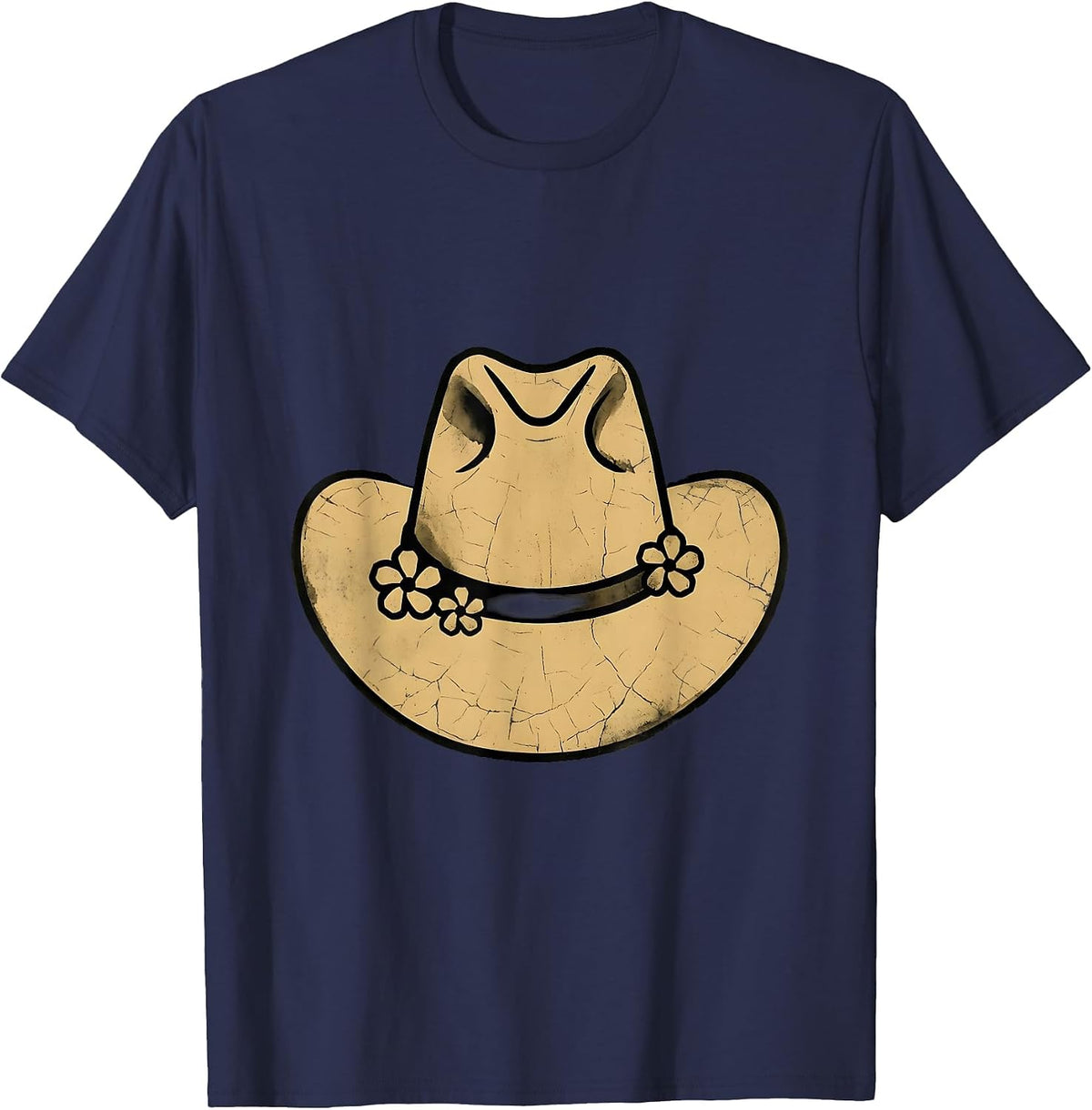 Cowboy Hat Wildflowers Western Boho Illustration T-Shirt - Navy Blue