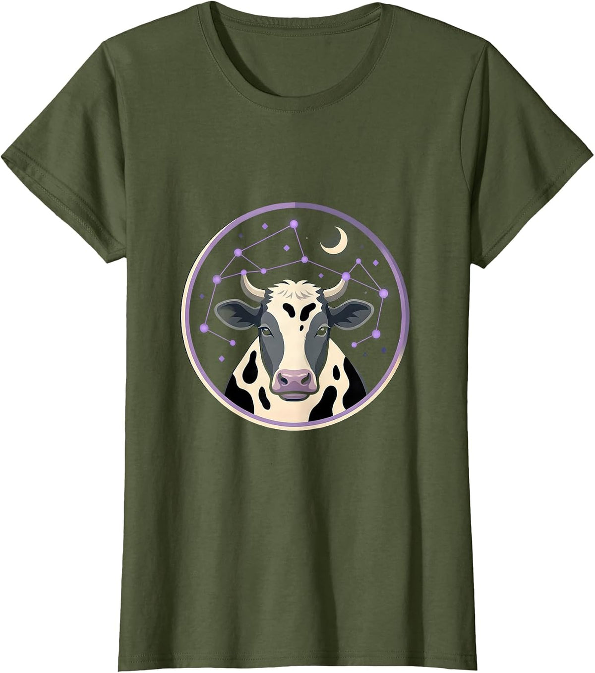 Women's Cow Print Constellation Night Sky Graphic T-Shirt - Olive Green