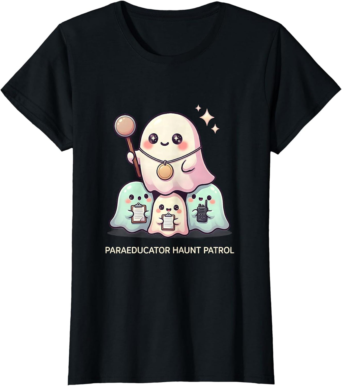 Women's Paraeducator Haunt Patrol Cute Kawaii Ghost Paraeducator T-Shirt - Black