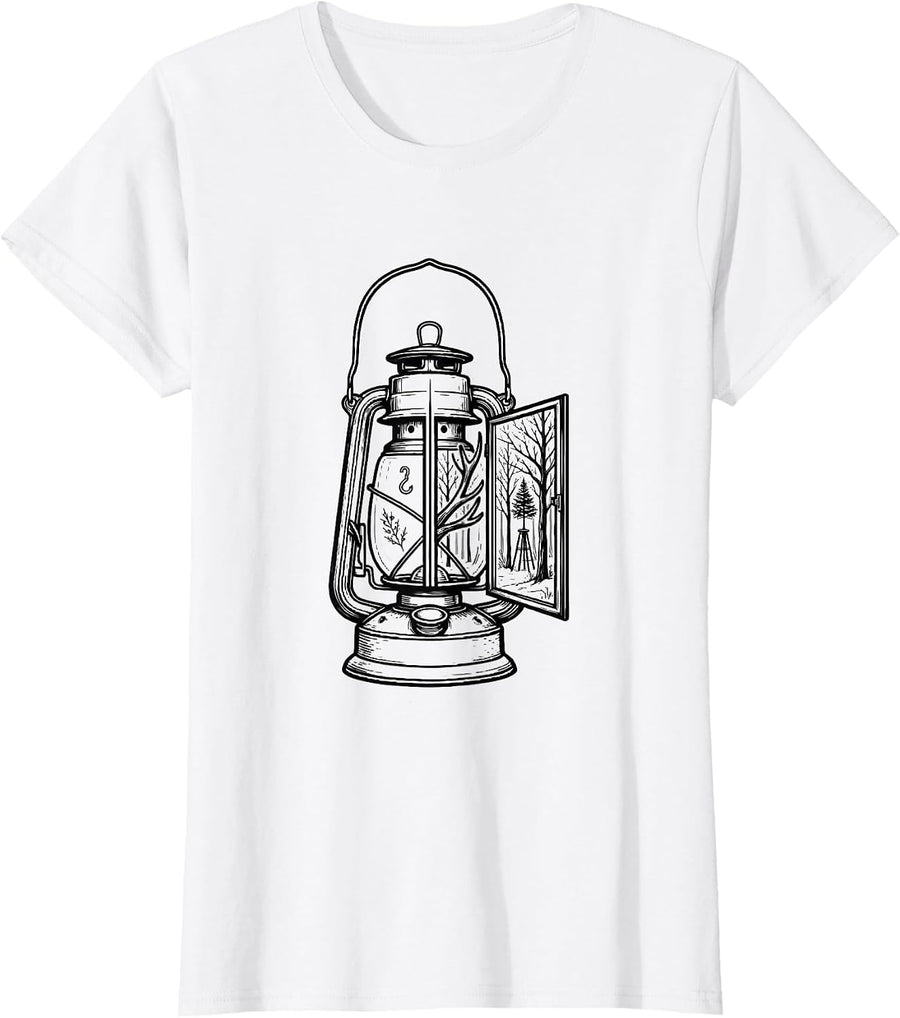 Women's Lantern Silhouette Deer Hunting Christmas Camo Novelty T-Shirt - White