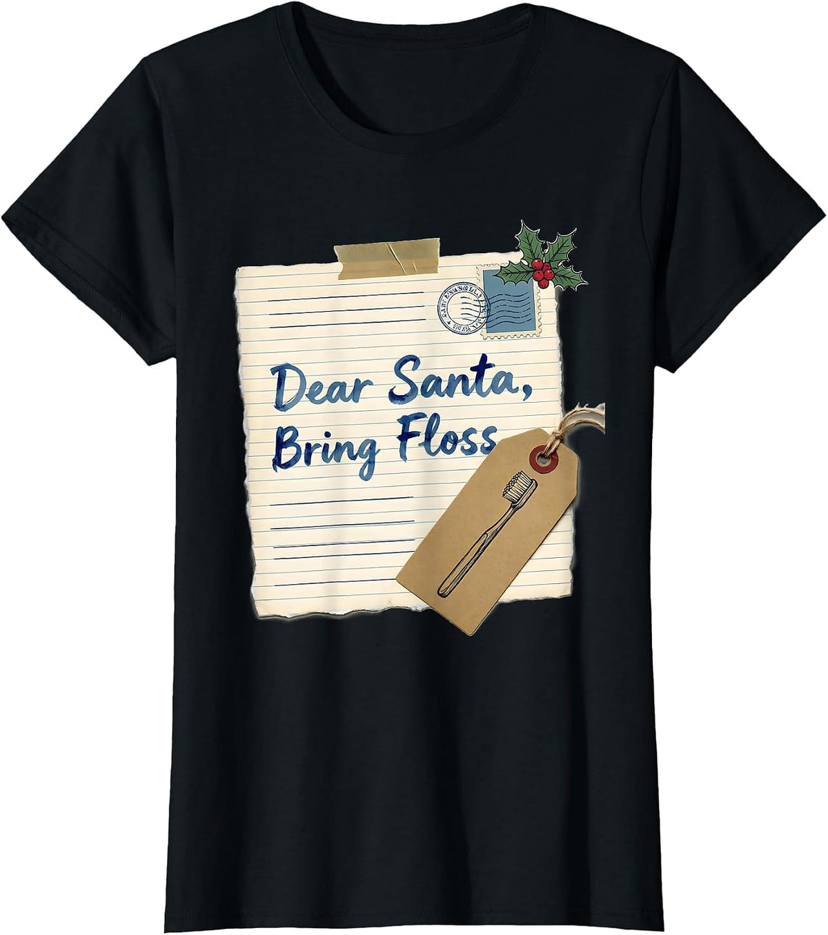 Women's Dear Santa Bring Floss Funny Dental Christmas Dentist T-Shirt - Black