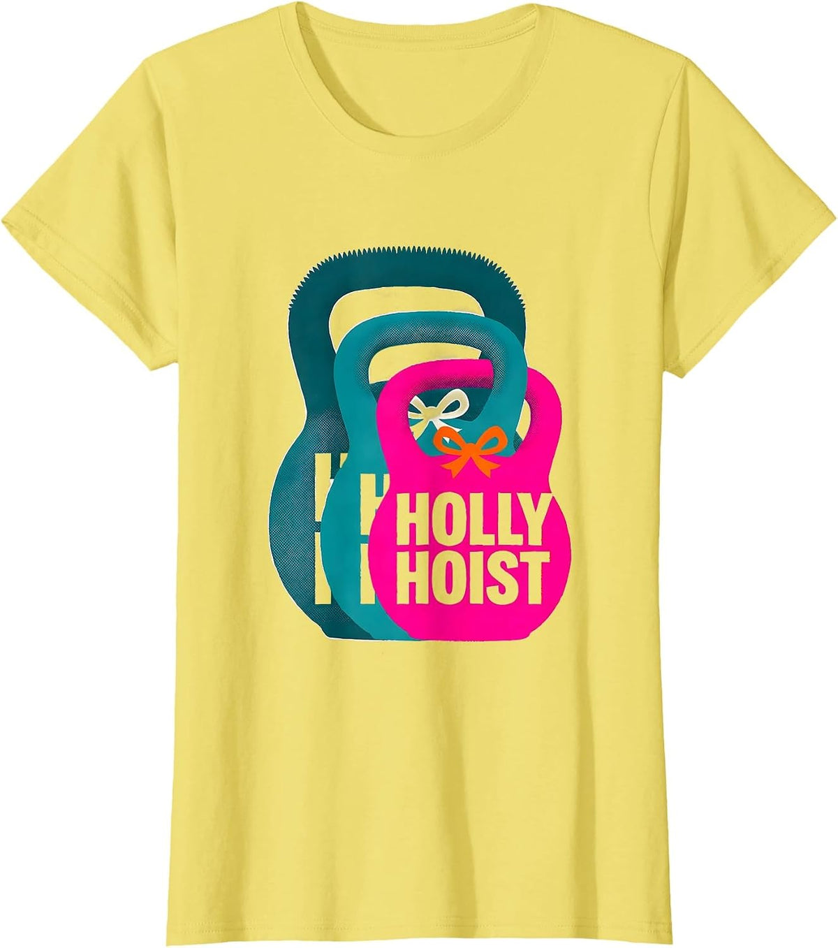 Women's Holly Hoist Risograph Christmas Gym Weightlifting Humor T-Shirt - Lemon Yellow
