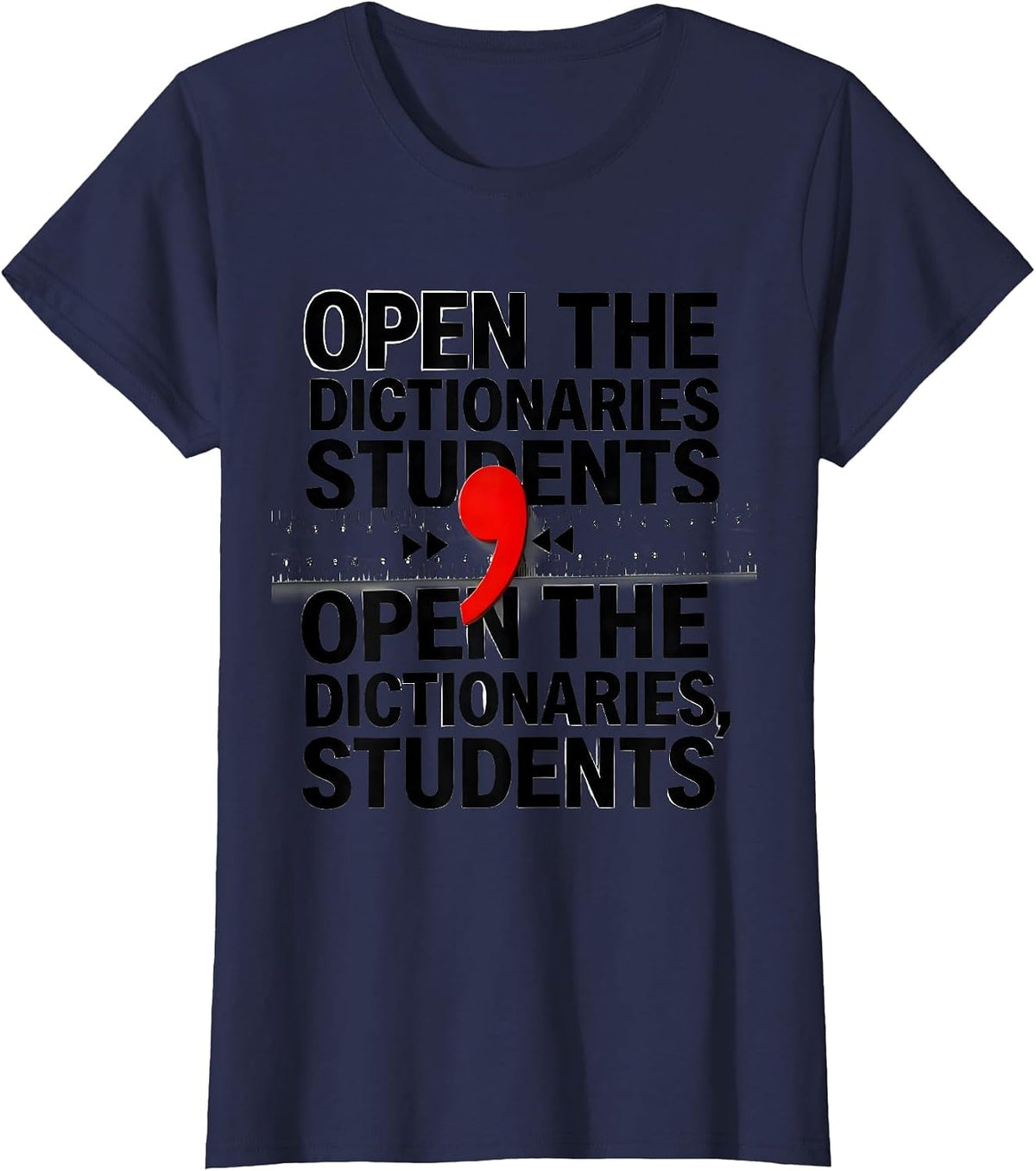 Women's Open the Dictionaries Students Funny Grammar Teacher Humor T-Shirt - Navy Blue