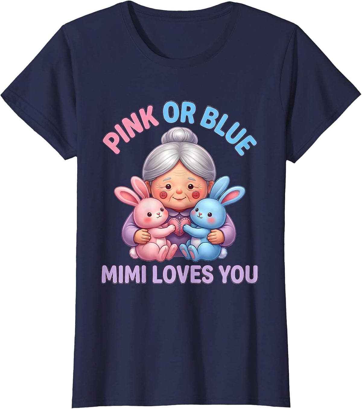 Women's Pink Or Blue Mimi Loves You Cute Kawaii Gender Reveal Party T-Shirt - Navy Blue